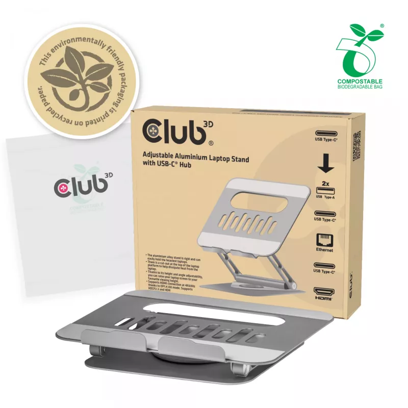 CLUB3D reguliuojamas aliumininis nešiojamojo kompiuterio stovas su USB-C® centru, pilka, 260 mm, 224 mm, 56 mm, 1,76 kg, 315 mm