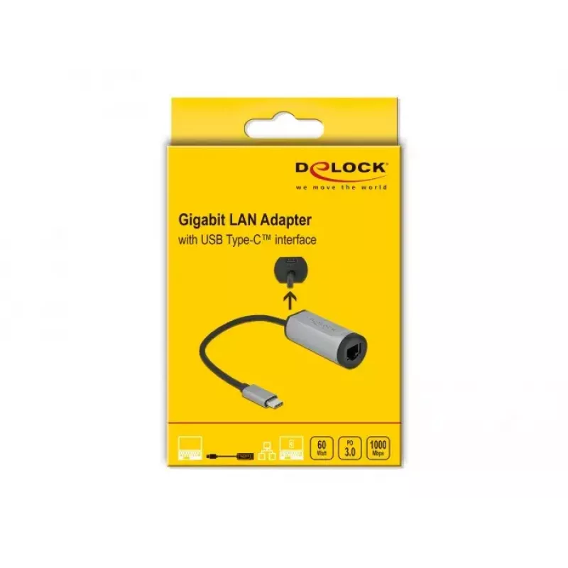 USB Type-C adapteris DeLOCK 64116 Gigabit LAN maitinimo tiekimas pilka