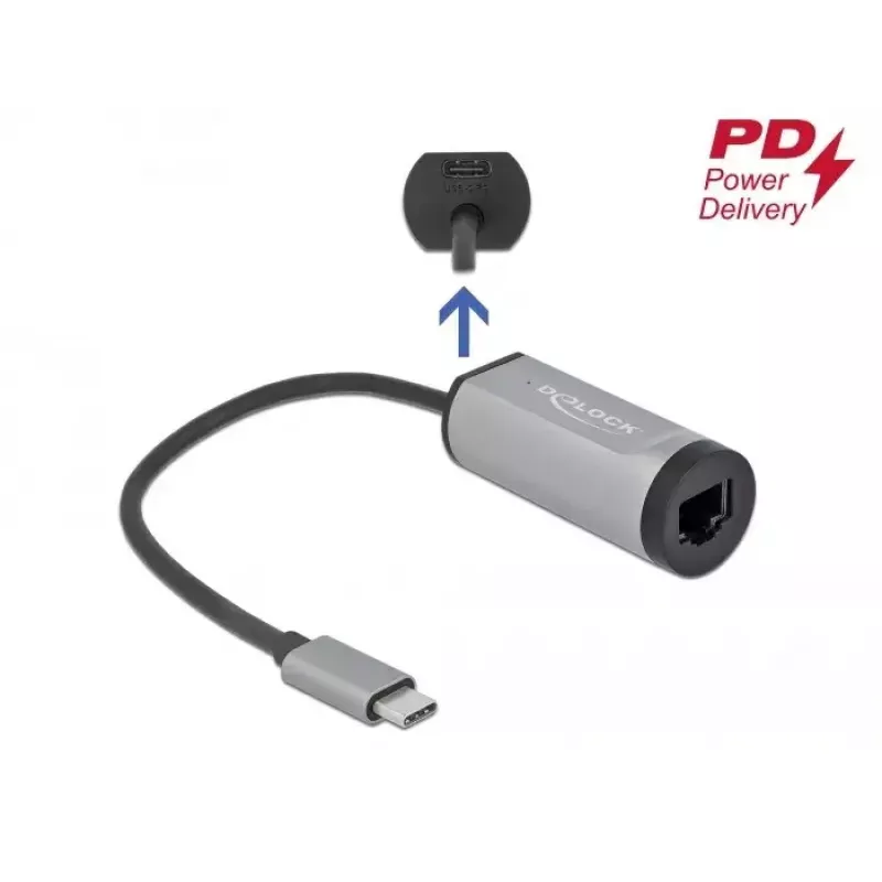 USB Type-C adapteris DeLOCK 64116 Gigabit LAN maitinimo tiekimas pilka