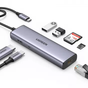 USB-C šakotuvas UGREEN 90568, 2 USB 3.0, HDMI, RJ45, SD, TF, PD prievadas