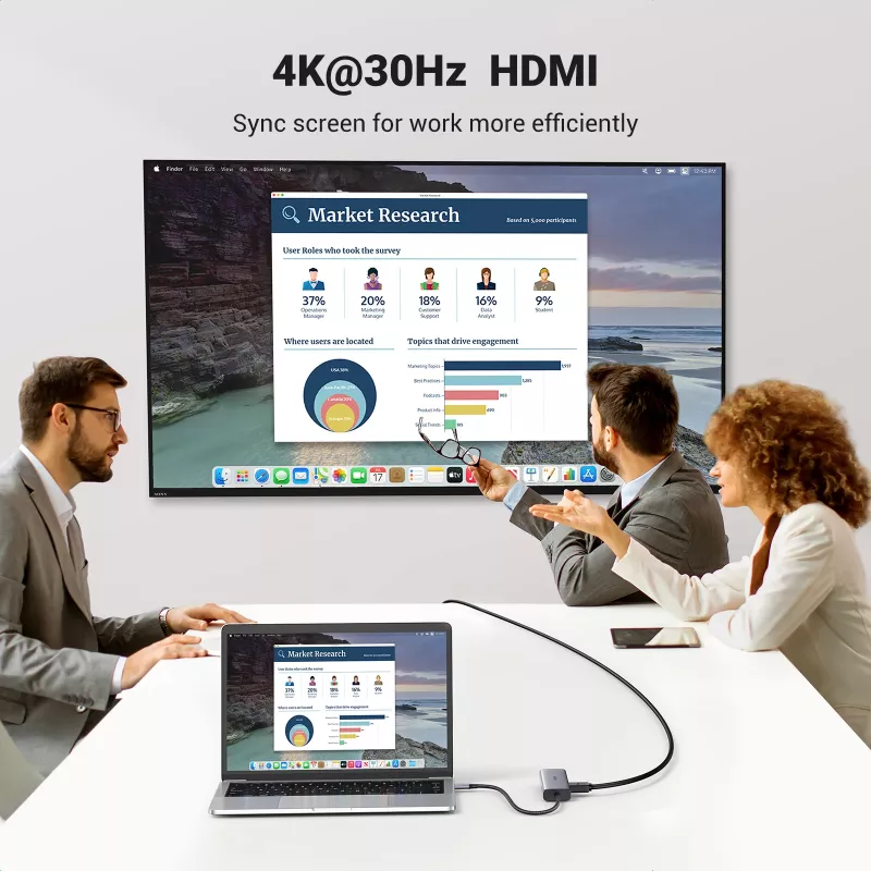 USB-C šakotuvas UGREEN 90568, 2 USB 3.0, HDMI, RJ45, SD, TF, PD prievadas