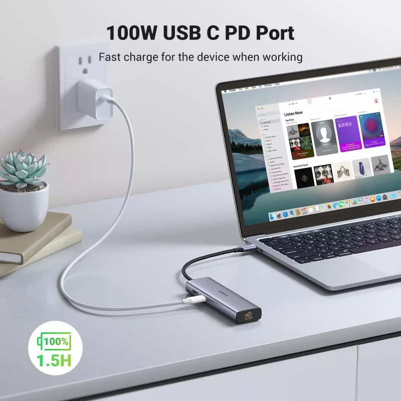 USB-C šakotuvas UGREEN 90568, 2 USB 3.0, HDMI, RJ45, SD, TF, PD prievadas