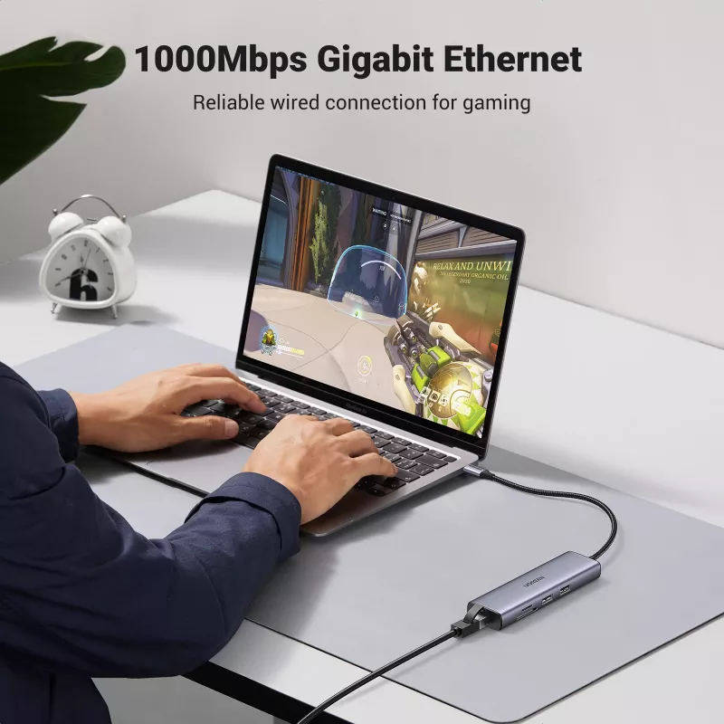 USB-C šakotuvas UGREEN 90568, 2 USB 3.0, HDMI, RJ45, SD, TF, PD prievadas