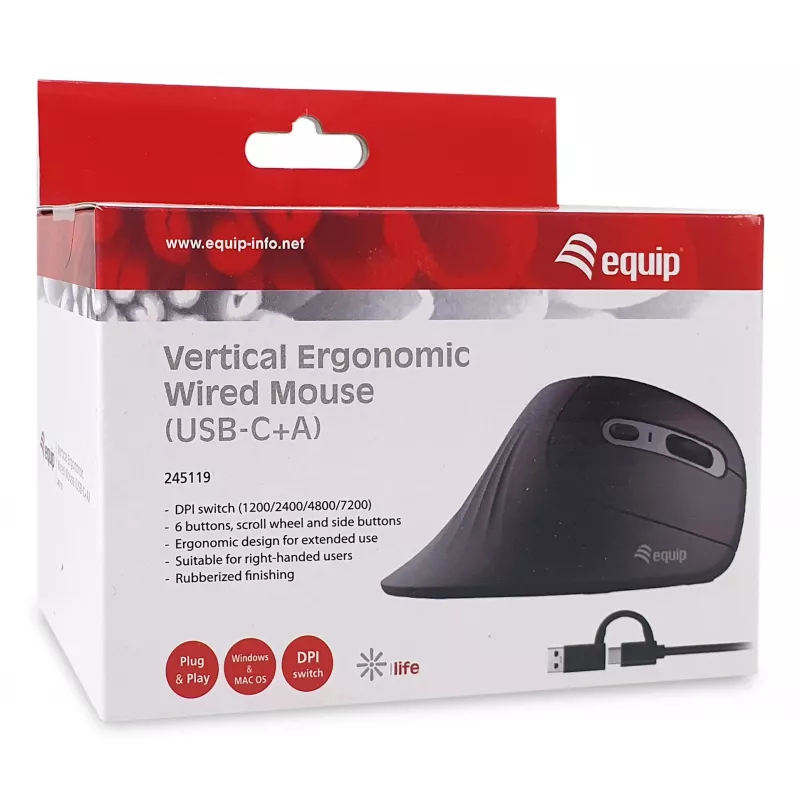 Equip 245119 pelė universali dešiniarankiams USB Type-A + USB Type-C optinė 7200 DPI