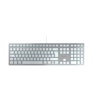 Laidinė USB klaviatūra Cherry KC 6000C, skirta Mac — QWERTY šiaurietiška, žirkliniai jungikliai, sidabrinė, 1,8 m laidas