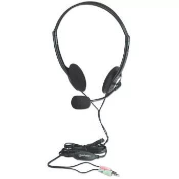 Manhattan Stereo On-Ear Headset (3,5 mm), mikrofonas su lanku, linijinis garsumo valdymas, putplasčio ausų pagalvėlės, standartinė 2x 3,5 mm stereo jungtis/kištukas garso/mikrofono naudojimui, laidas 2 m, juoda, trejų metų garantija