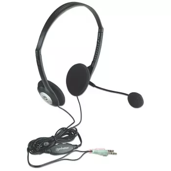Manhattan Stereo On-Ear Headset (3,5 mm), mikrofonas su lanku, linijinis garsumo valdymas, putplasčio ausų pagalvėlės, standartinė 2x 3,5 mm stereo jungtis/kištukas garso/mikrofono naudojimui, laidas 2 m, juoda, trejų metų garantija