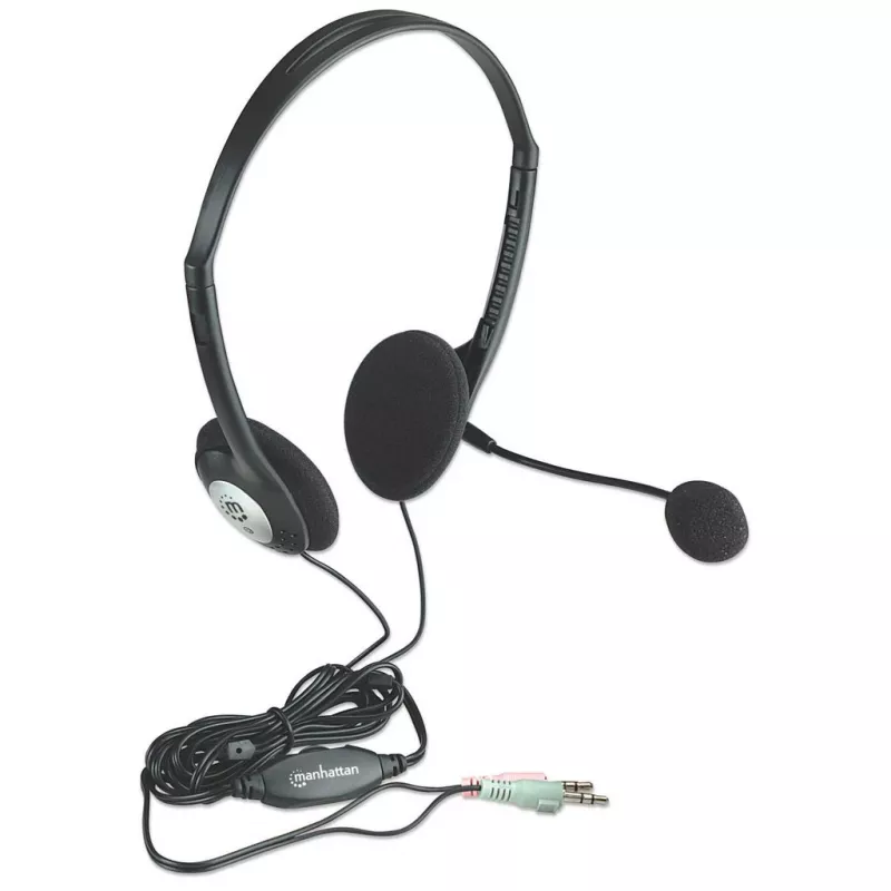 Manhattan Stereo On-Ear Headset (3,5 mm), mikrofonas su lanku, linijinis garsumo valdymas, putplasčio ausų pagalvėlės, standartinė 2x 3,5 mm stereo jungtis/kištukas garso/mikrofono naudojimui, laidas 2 m, juoda, trejų metų garantija