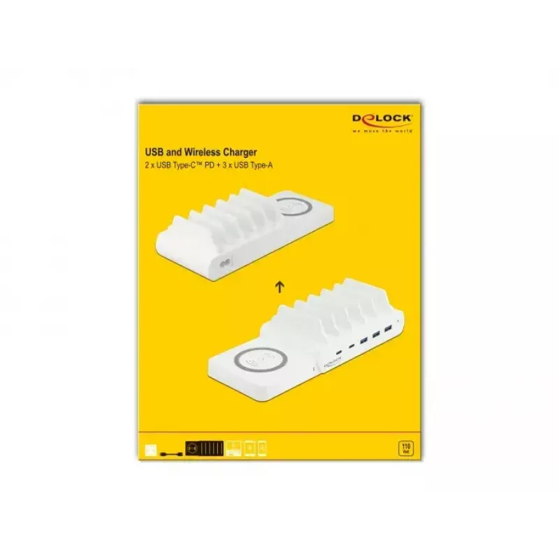 Laisvai stovintis įkroviklis DeLOCK USB ir belaidis įkroviklis 2 x USB Type-C PD + 3 x USB Type-A su 110 W