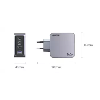 Ugreen Nexode Pro 160W GaN įkroviklis su USB-C kabeliu, universalus, juodas, pilkas, kintamosios srovės, greitas įkrovimas, skirtas naudoti patalpose