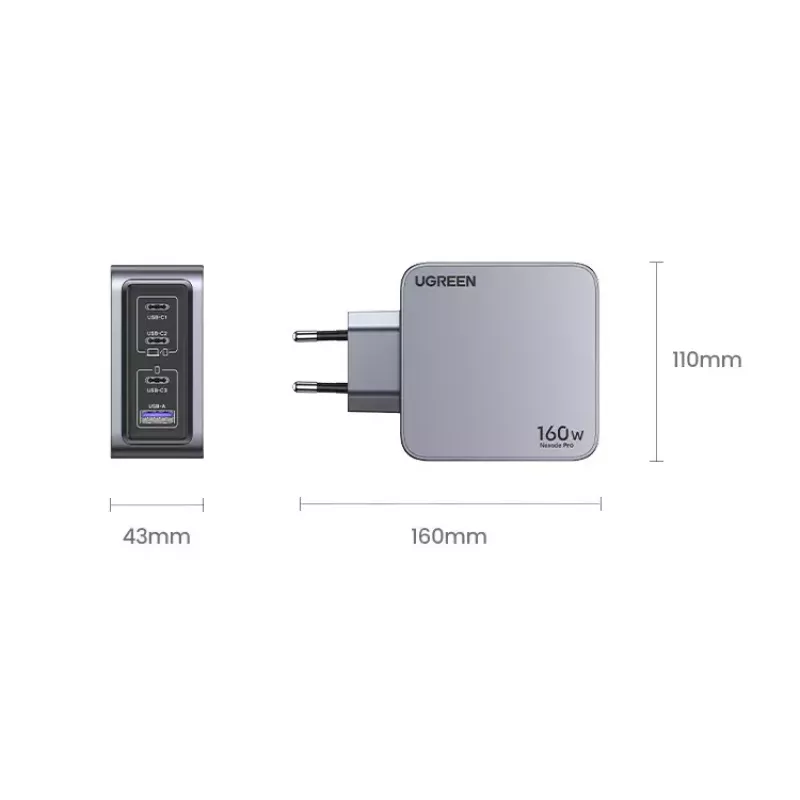 Ugreen Nexode Pro 160W GaN įkroviklis su USB-C kabeliu, universalus, juodas, pilkas, kintamosios srovės, greitas įkrovimas, skirtas naudoti patalpose