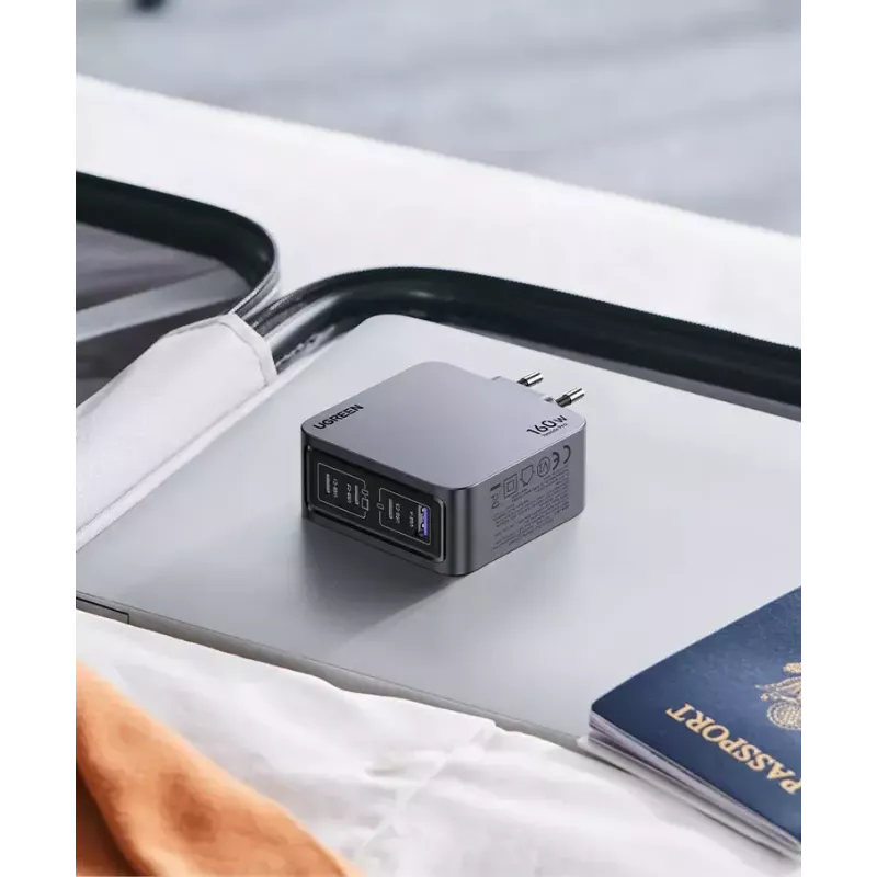 Ugreen Nexode Pro 160W GaN įkroviklis su USB-C kabeliu, universalus, juodas, pilkas, kintamosios srovės, greitas įkrovimas, skirtas naudoti patalpose