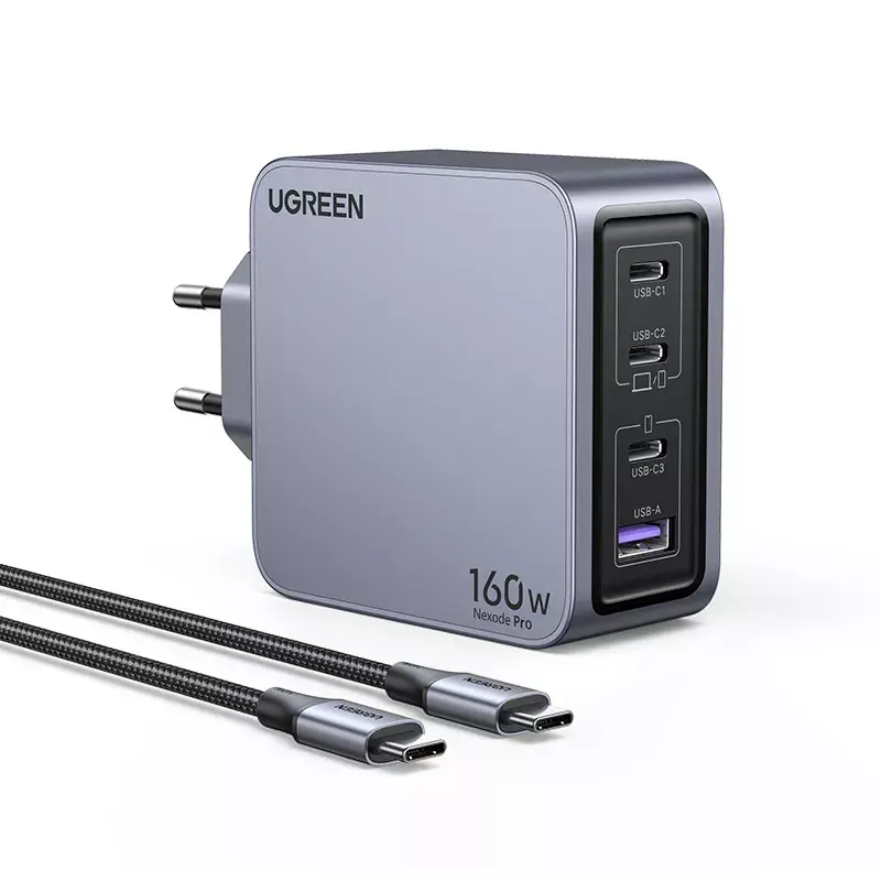 Ugreen Nexode Pro 160W GaN įkroviklis su USB-C kabeliu, universalus, juodas, pilkas, kintamosios srovės, greitas įkrovimas, skirtas naudoti patalpose