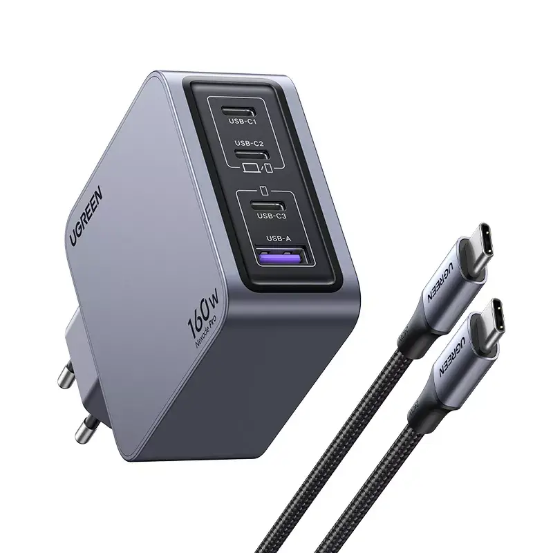 Ugreen Nexode Pro 160W GaN įkroviklis su USB-C kabeliu, universalus, juodas, pilkas, kintamosios srovės, greitas įkrovimas, skirtas naudoti patalpose