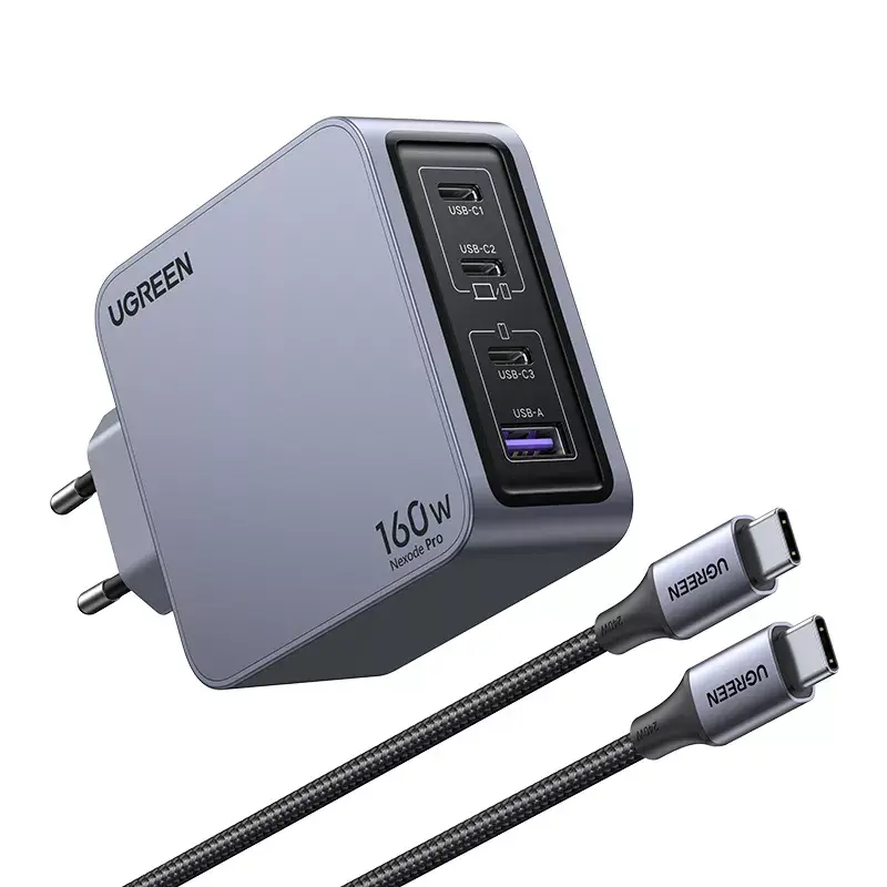 Ugreen Nexode Pro 160W GaN įkroviklis su USB-C kabeliu, universalus, juodas, pilkas, kintamosios srovės, greitas įkrovimas, skirtas naudoti patalpose