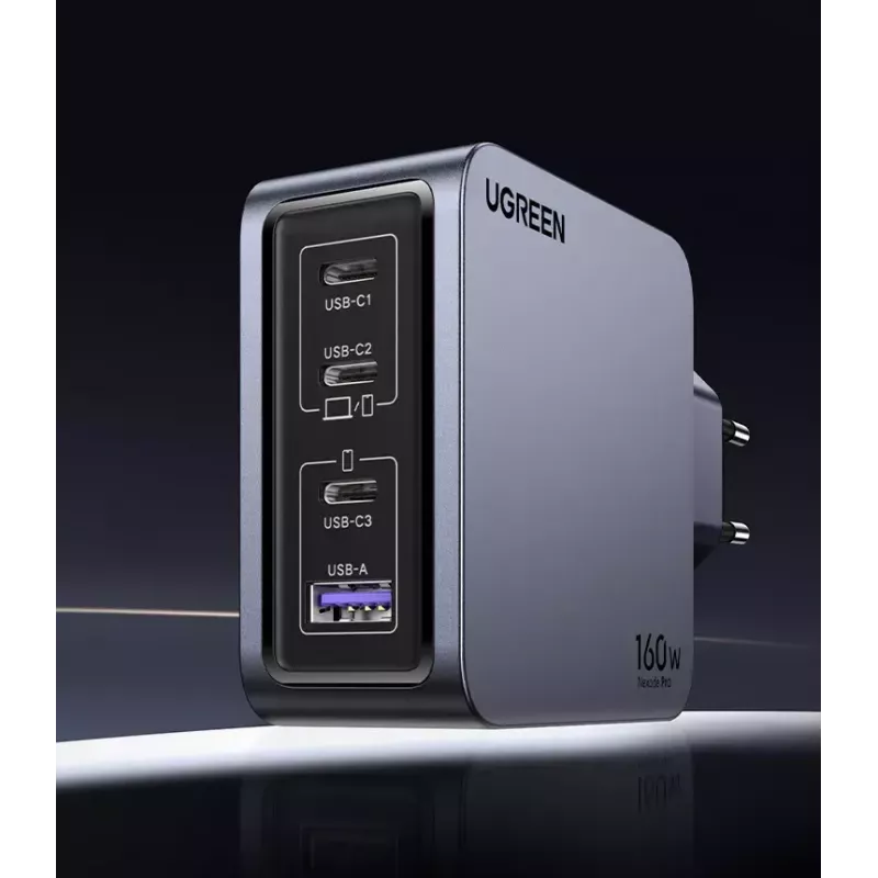 Ugreen Nexode Pro 160W GaN įkroviklis su USB-C kabeliu, universalus, juodas, pilkas, kintamosios srovės, greitas įkrovimas, skirtas naudoti patalpose