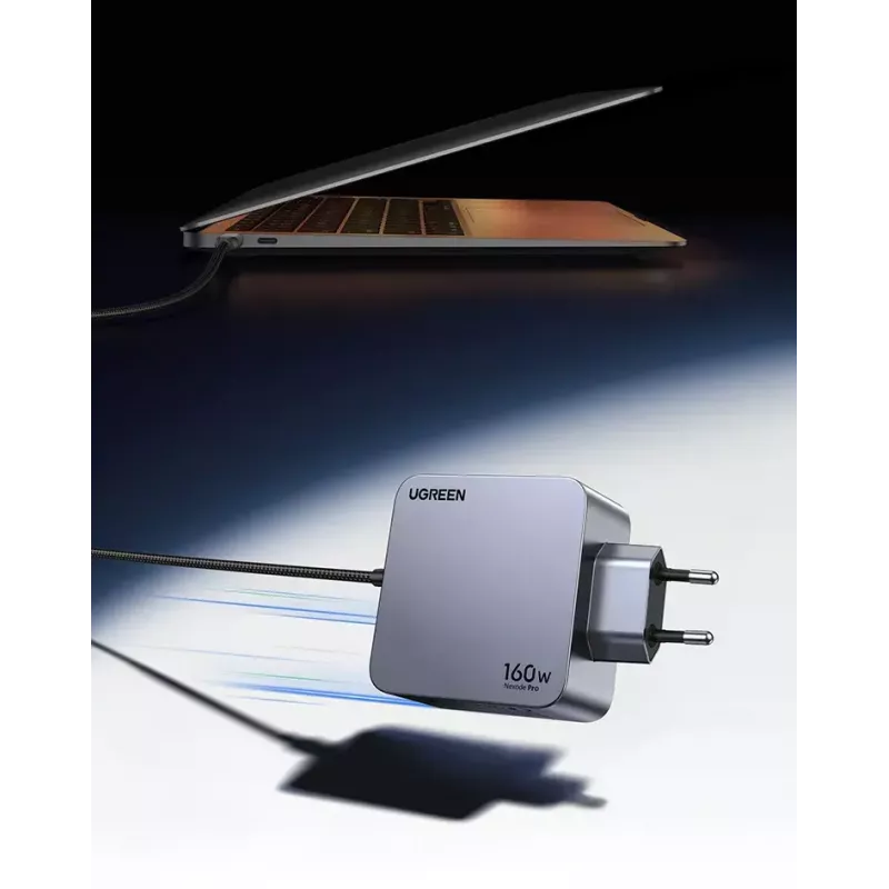 Ugreen Nexode Pro 160W GaN įkroviklis su USB-C kabeliu, universalus, juodas, pilkas, kintamosios srovės, greitas įkrovimas, skirtas naudoti patalpose