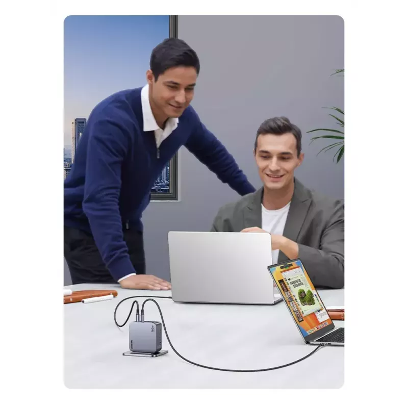 Ugreen Nexode Pro 160W GaN įkroviklis su USB-C kabeliu, universalus, juodas, pilkas, kintamosios srovės, greitas įkrovimas, skirtas naudoti patalpose