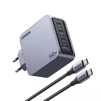 Ugreen Nexode Pro 160W GaN įkroviklis su USB-C kabeliu, universalus, juodas, pilkas, kintamosios srovės, greitas įkrovimas, skirtas naudoti patalpose
