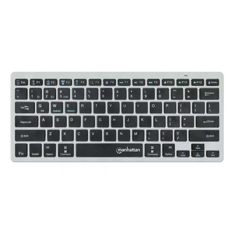 Manhattan Ultra plonas dvigubo režimo belaidė klaviatūra, vokiškas QWERTZ išdėstymas, Bluetooth (v3.0) ir belaidė (2,4 GHz), 78 žemo profilio žirkliniai klavišai, automatinis energijos valdymas, 10 m veikimo nuotolis, USB-A mikro imtuvas, AAA baterija (pridedama), Windows ir Mac, trejų metų garantija