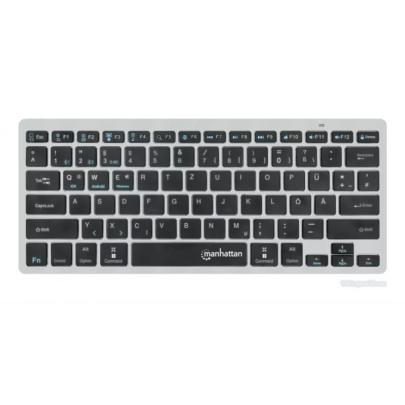 Manhattan Ultra plonas dvigubo režimo belaidė klaviatūra, vokiškas QWERTZ išdėstymas, Bluetooth (v3.0) ir belaidė (2,4 GHz), 78 žemo profilio žirkliniai klavišai, automatinis energijos valdymas, 10 m veikimo nuotolis, USB-A mikro imtuvas, AAA baterija (pridedama), Windows ir Mac, trejų metų garantija