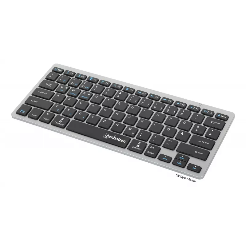 Manhattan Ultra plonas dvigubo režimo belaidė klaviatūra, vokiškas QWERTZ išdėstymas, Bluetooth (v3.0) ir belaidė (2,4 GHz), 78 žemo profilio žirkliniai klavišai, automatinis energijos valdymas, 10 m veikimo nuotolis, USB-A mikro imtuvas, AAA baterija (pridedama), Windows ir Mac, trejų metų garantija