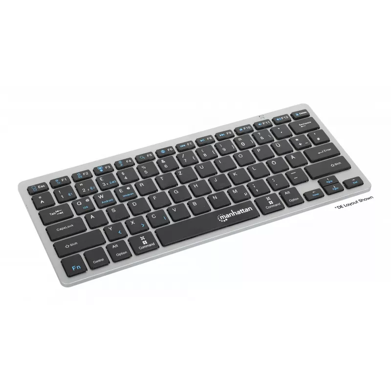 Manhattan Ultra plonas dvigubo režimo belaidė klaviatūra, vokiškas QWERTZ išdėstymas, Bluetooth (v3.0) ir belaidė (2,4 GHz), 78 žemo profilio žirkliniai klavišai, automatinis energijos valdymas, 10 m veikimo nuotolis, USB-A mikro imtuvas, AAA baterija (pridedama), Windows ir Mac, trejų metų garantija