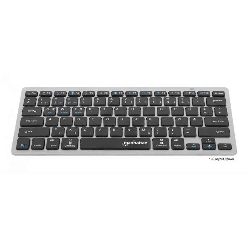 Manhattan Ultra plonas dvigubo režimo belaidė klaviatūra, vokiškas QWERTZ išdėstymas, Bluetooth (v3.0) ir belaidė (2,4 GHz), 78 žemo profilio žirkliniai klavišai, automatinis energijos valdymas, 10 m veikimo nuotolis, USB-A mikro imtuvas, AAA baterija (pridedama), Windows ir Mac, trejų metų garantija