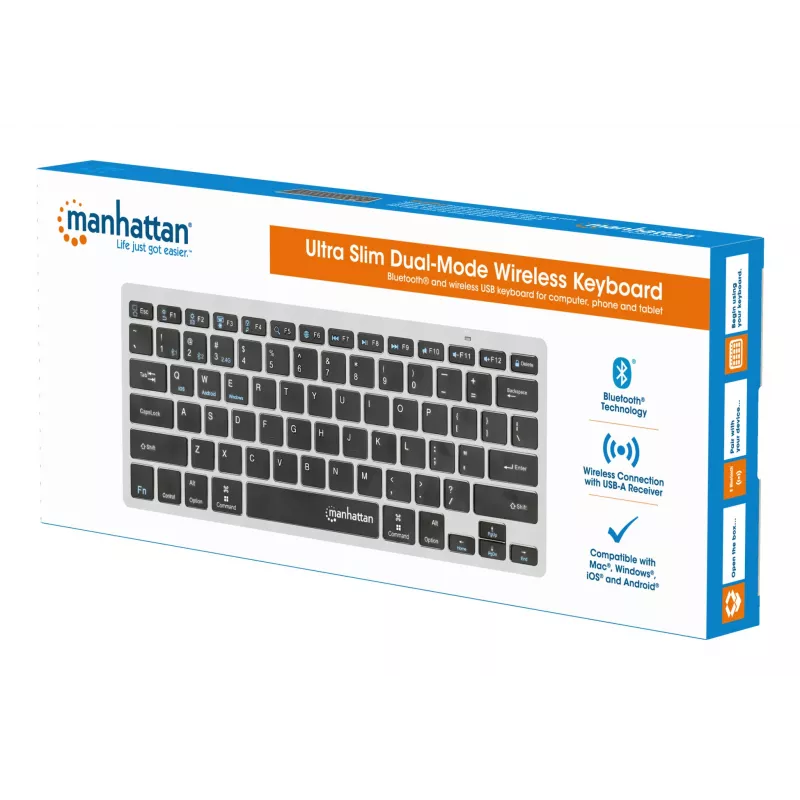 Manhattan Ultra plonas dvigubo režimo belaidė klaviatūra, vokiškas QWERTZ išdėstymas, Bluetooth (v3.0) ir belaidė (2,4 GHz), 78 žemo profilio žirkliniai klavišai, automatinis energijos valdymas, 10 m veikimo nuotolis, USB-A mikro imtuvas, AAA baterija (pridedama), Windows ir Mac, trejų metų garantija