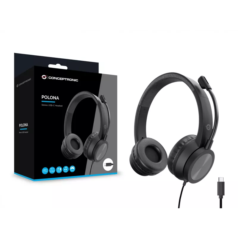 Ausinės CONCEPTRONIC POLONA05BC — Stereofoninės USB-C, Triukšmą slopinančiu mikrofonu, Circumaural, 2 m kabelis, 20–22000 Hz, Juodos