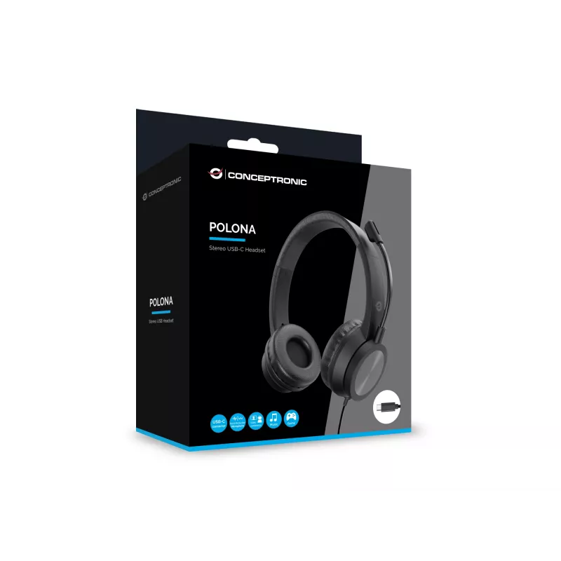 Ausinės CONCEPTRONIC POLONA05BC — Stereofoninės USB-C, Triukšmą slopinančiu mikrofonu, Circumaural, 2 m kabelis, 20–22000 Hz, Juodos