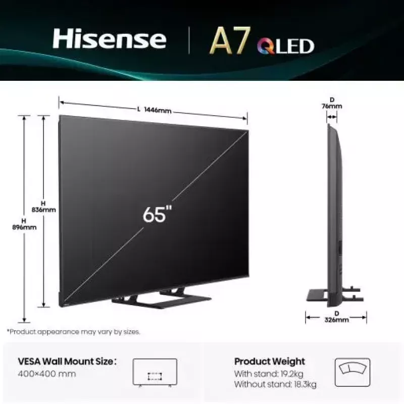 Hisense A7Q 65A7Q 165.1 cm (65 colių) 4K Ultra HD išmanusis televizorius Wi-Fi juodas 400 cd/m²