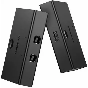 USB dalijimo jungiklis UGREEN UGR423 2x1 juodas — 2 kompiuteriai prie 1 USB įrenginio, rankinis mygtukas