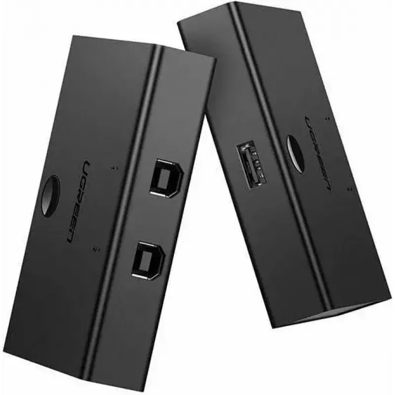 USB dalijimo jungiklis UGREEN UGR423 2x1 juodas — 2 kompiuteriai prie 1 USB įrenginio, rankinis mygtukas