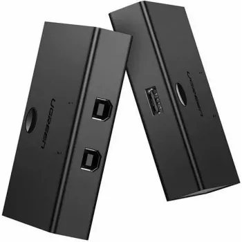 USB dalijimo jungiklis UGREEN UGR423 2x1 juodas — 2 kompiuteriai prie 1 USB įrenginio, rankinis mygtukas