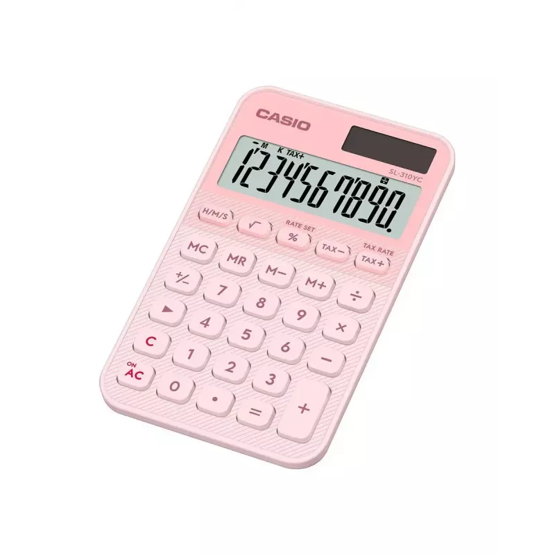 Kišeninis pagrindinis skaičiuotuvas CASIO SL-310YC — 10 skaitmenų, baterija/saulės energija, mokesčių ir pelno funkcijos, šviesiai rožinis