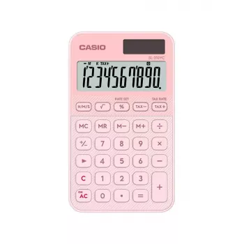 Kišeninis pagrindinis skaičiuotuvas CASIO SL-310YC — 10 skaitmenų, baterija/saulės energija, mokesčių ir pelno funkcijos, šviesiai rožinis