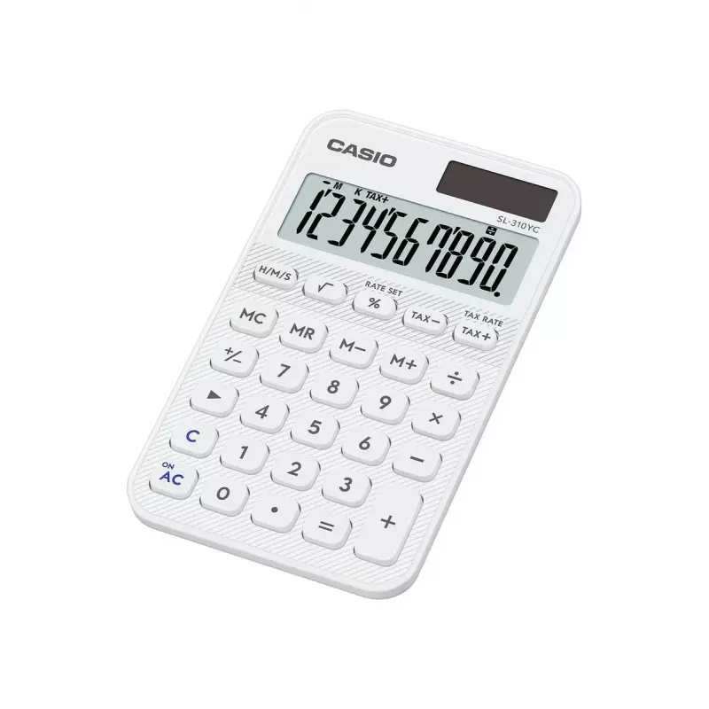 Skaičiuotuvas CASIO SL-310YC kišeninis paprastas, 10 skaitmenų, baterija/saulės energija, baltas