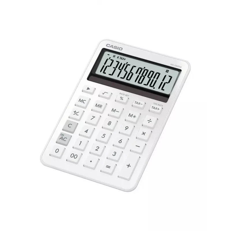 Stalinis pagrindinis skaičiuotuvas CASIO MS-200DQ 12 skaitmenų, baterija/saulės energija, mokesčių ir pelno funkcijos, baltas