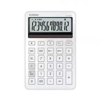 Stalinis pagrindinis skaičiuotuvas CASIO MS-200DQ 12 skaitmenų, baterija/saulės energija, mokesčių ir pelno funkcijos, baltas