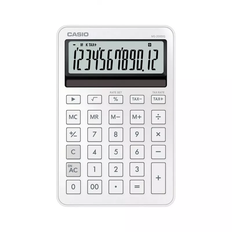 Stalinis pagrindinis skaičiuotuvas CASIO MS-200DQ 12 skaitmenų, baterija/saulės energija, mokesčių ir pelno funkcijos, baltas