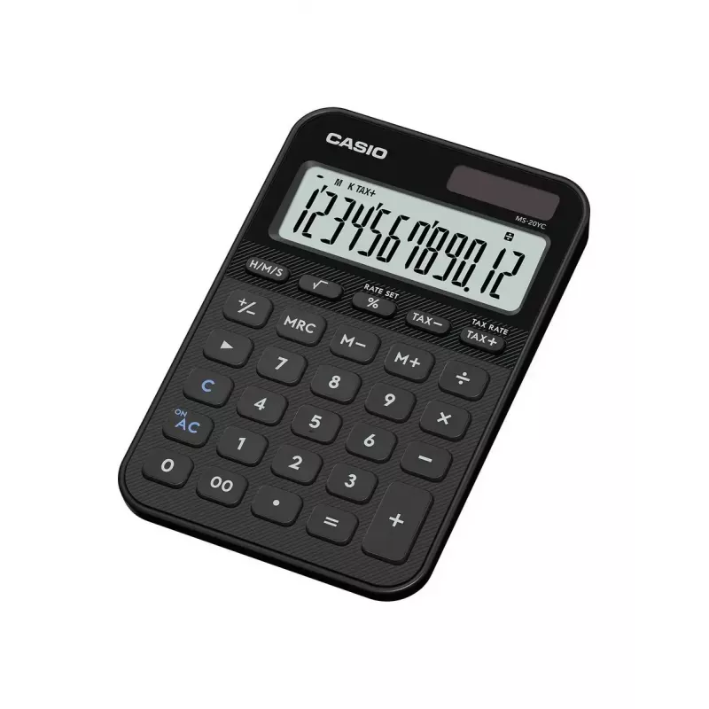 Stalinis skaičiuotuvas CASIO MS-20YC — Bazinis modelis, baterijos/saulės energija, mokesčių ir pelno skaičiavimai, juodas