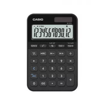 Stalinis skaičiuotuvas CASIO MS-20YC — Bazinis modelis, baterijos/saulės energija, mokesčių ir pelno skaičiavimai, juodas