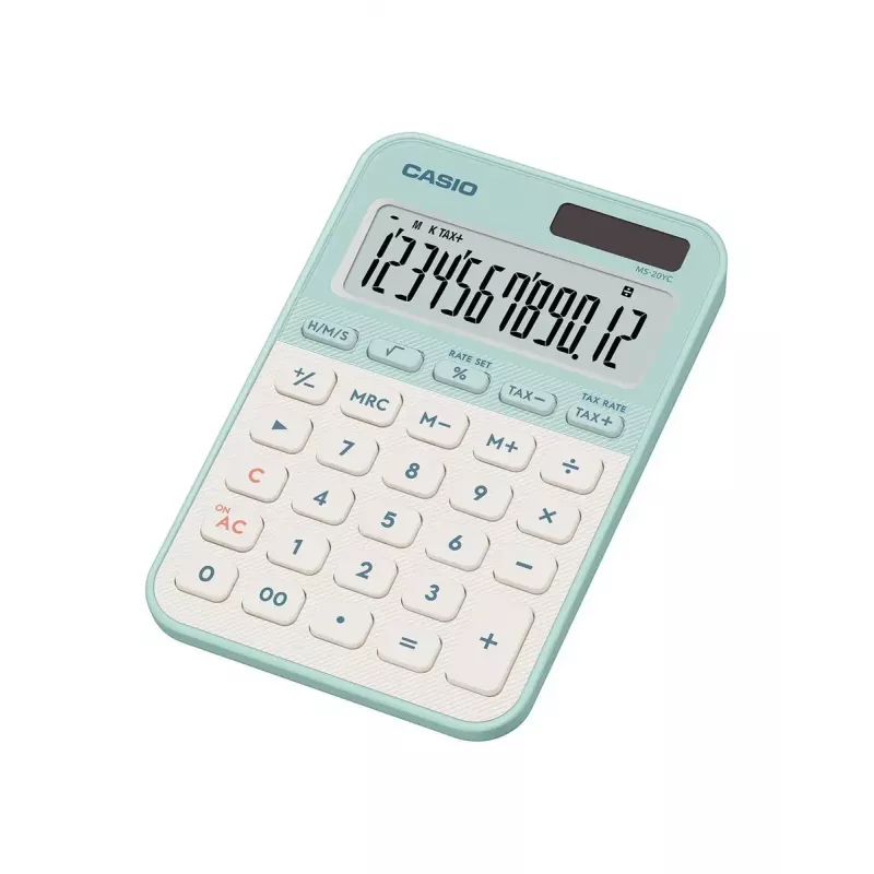 Stalinis skaičiuotuvas CASIO MS-20YC — Bazinis 12 skaitmenų, maitinamas baterijomis/saulės energija, mokesčių ir pelno funkcijos, šviesiai žalias