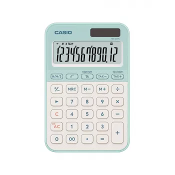 Stalinis skaičiuotuvas CASIO MS-20YC — Bazinis 12 skaitmenų, maitinamas baterijomis/saulės energija, mokesčių ir pelno funkcijos, šviesiai žalias