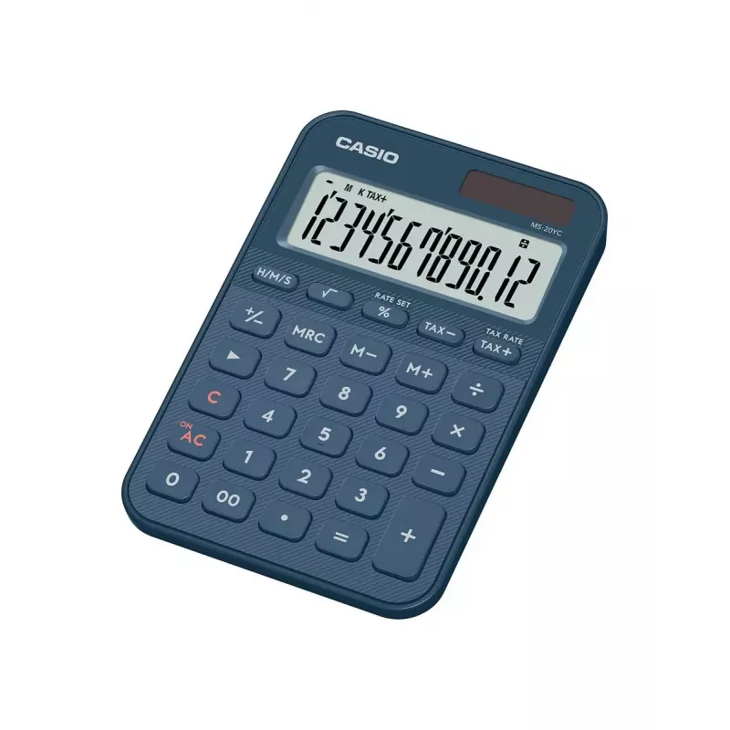 Stalinis pagrindinis skaičiuotuvas CASIO MS-20YC — 12 skaitmenų, mokesčių ir pelno funkcijos, baterija/saulės energija, tamsiai mėlynas