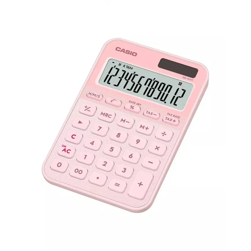 Stalinis paprastas skaičiuotuvas CASIO MS-20YC — 12 skaitmenų, mokesčių ir pelno funkcijos, baterija/saulės energija, šviesiai rožinis