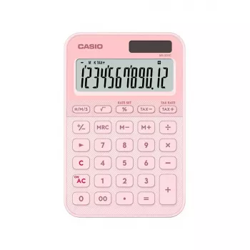 Stalinis paprastas skaičiuotuvas CASIO MS-20YC — 12 skaitmenų, mokesčių ir pelno funkcijos, baterija/saulės energija, šviesiai rožinis