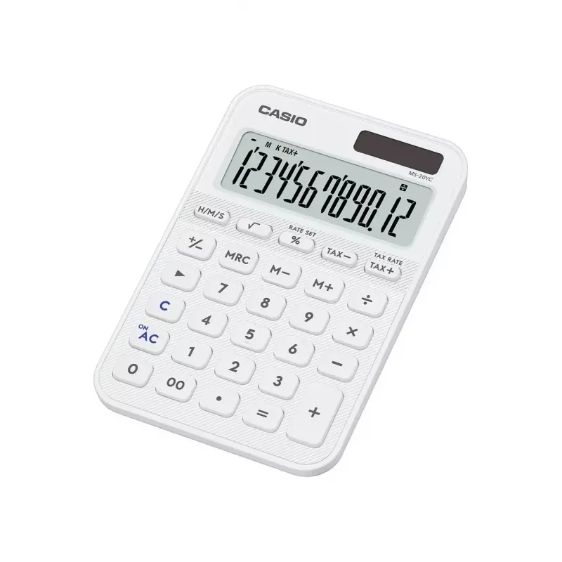 Stalinis pagrindinis skaičiuotuvas CASIO MS-20YC — 12 skaitmenų, baterija/saulės elementas, mokesčių ir pelno funkcijos, baltas