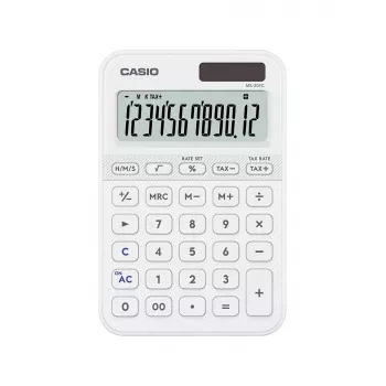Stalinis pagrindinis skaičiuotuvas CASIO MS-20YC — 12 skaitmenų, baterija/saulės elementas, mokesčių ir pelno funkcijos, baltas